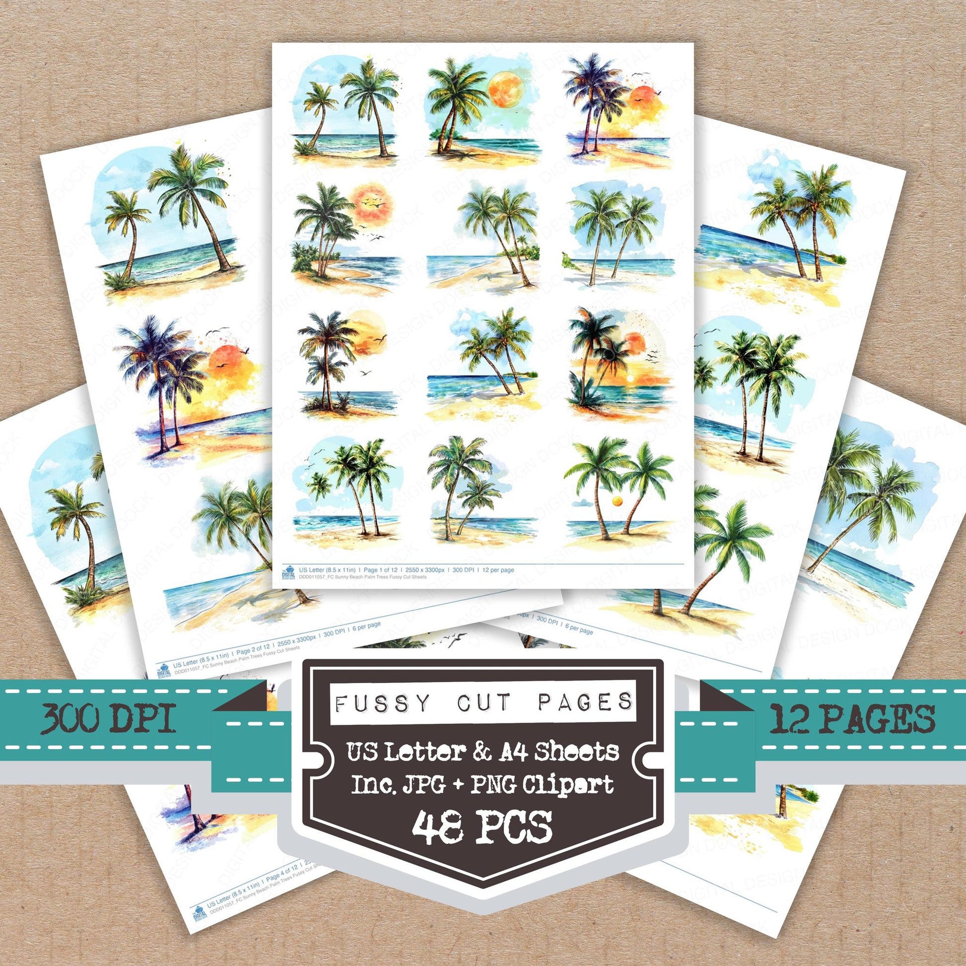 Sunny Beach Palm Trees fussy cut printable sheets for junk journaling, scrapbooking, and paper craft projects