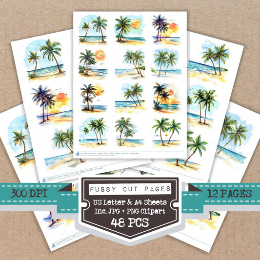 Sunny Beach Palm Trees fussy cut printable sheets for junk journaling, scrapbooking, and paper craft projects