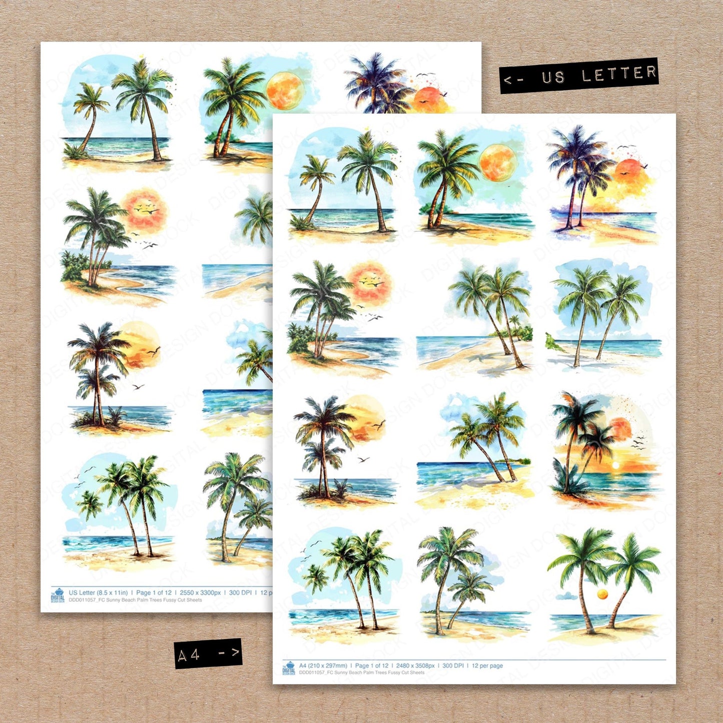 A4 and US Letter format comparison showing Sunny Beach Palm Trees fussy cut pages for print and cut crafting