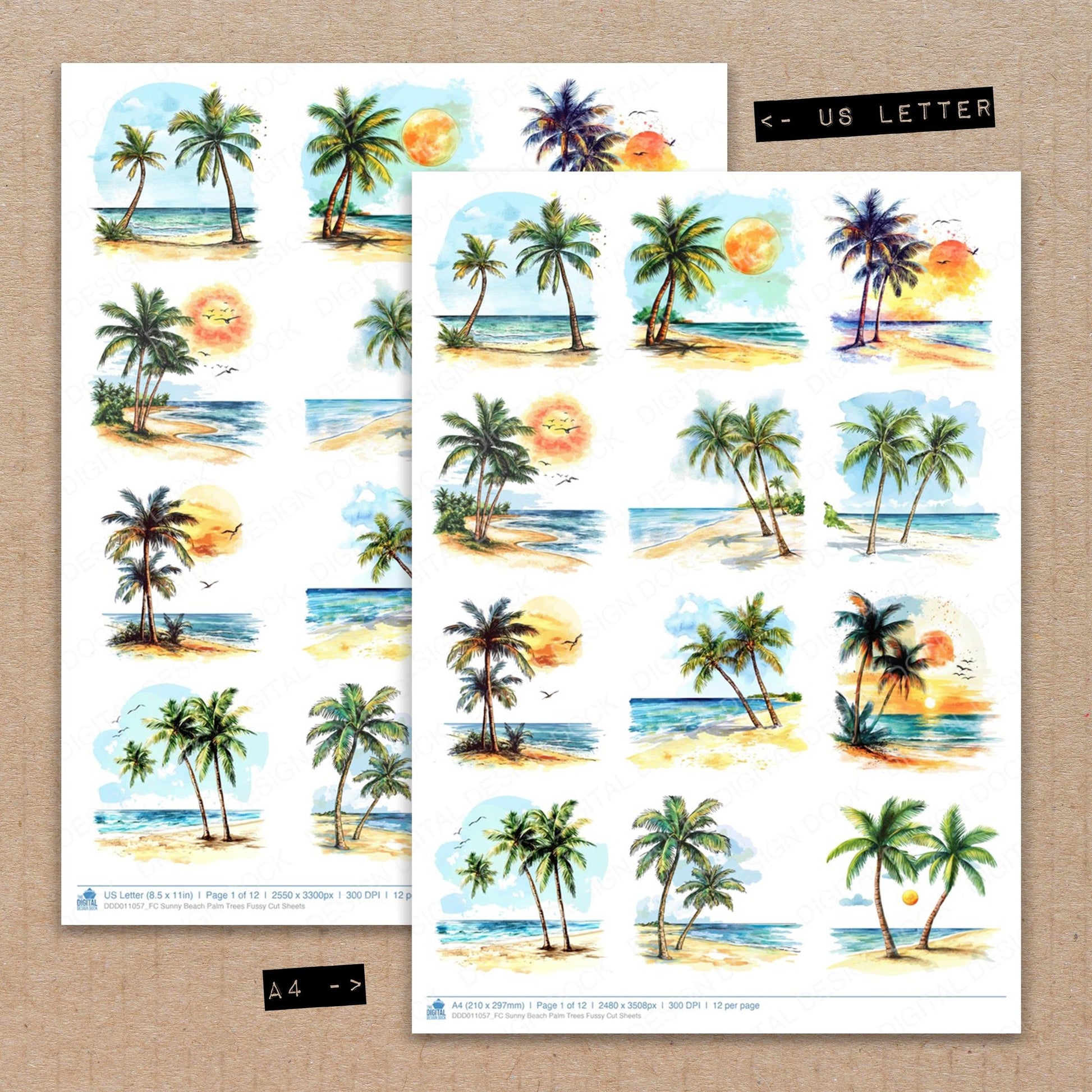 A4 and US Letter format comparison showing Sunny Beach Palm Trees fussy cut pages for print and cut crafting