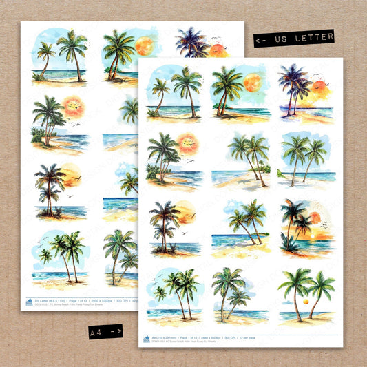 A4 and US Letter format comparison showing Sunny Beach Palm Trees fussy cut pages for print and cut crafting