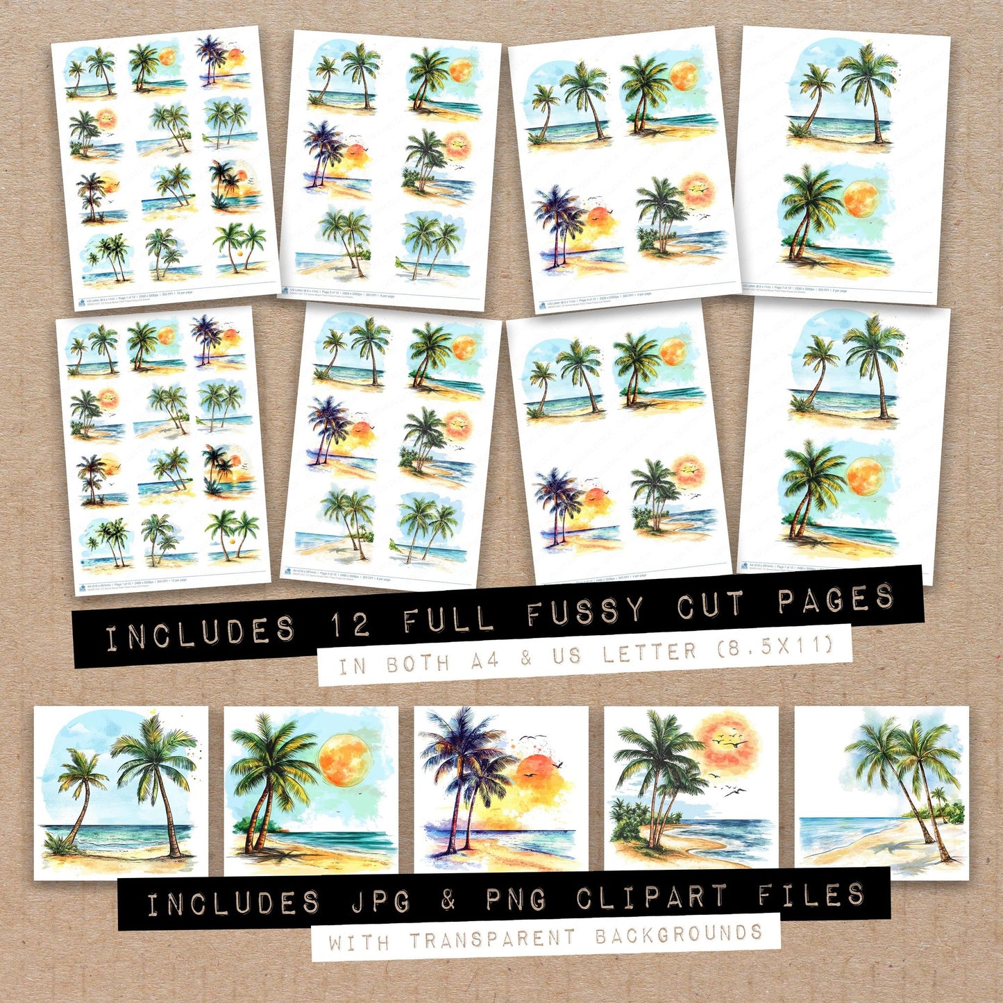 Full collection view of Sunny Beach Palm Trees fussy cut sheets with bonus clipart JPG and PNG files
