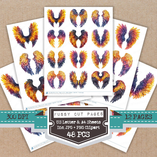 Sunset Gradient Angel Wings fussy cut printable sheets for junk journaling, scrapbooking, and paper craft projects