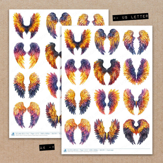 A4 and US Letter format comparison showing Sunset Gradient Angel Wings fussy cut pages for print and cut crafting