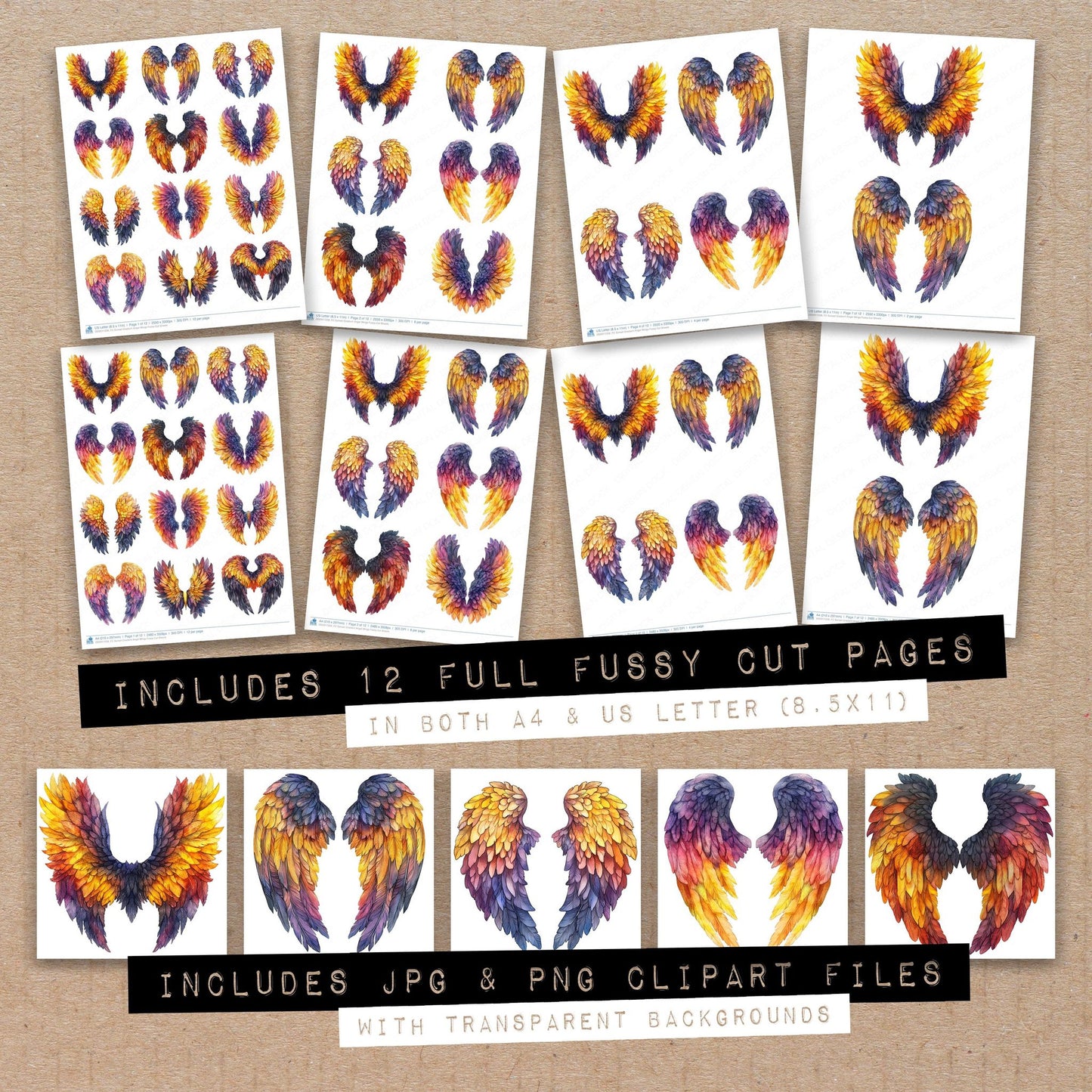 Full collection view of Sunset Gradient Angel Wings fussy cut sheets with bonus clipart JPG and PNG files