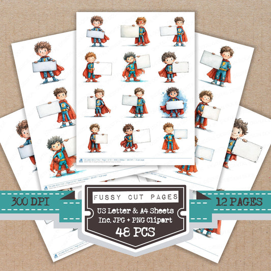 Superhero Boy with Banner fussy cut printable sheets for junk journaling, scrapbooking, and paper craft projects