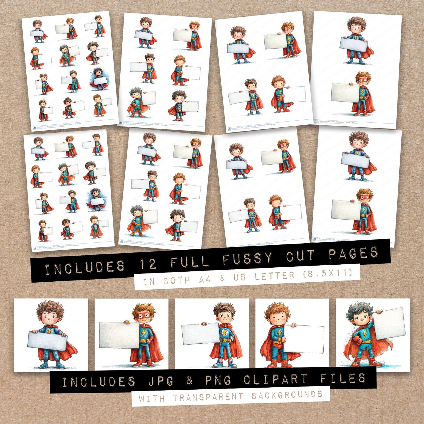 Full collection view of Superhero Boy with Banner fussy cut sheets with bonus clipart JPG and PNG files