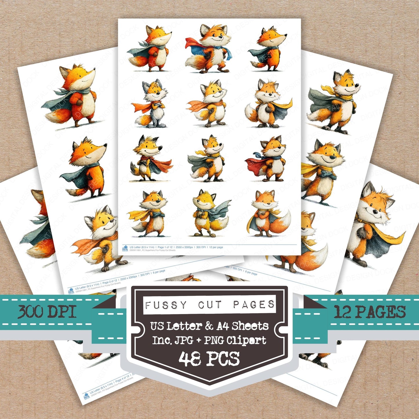 Superhero Fox fussy cut printable sheets for junk journaling, scrapbooking, and paper craft projects