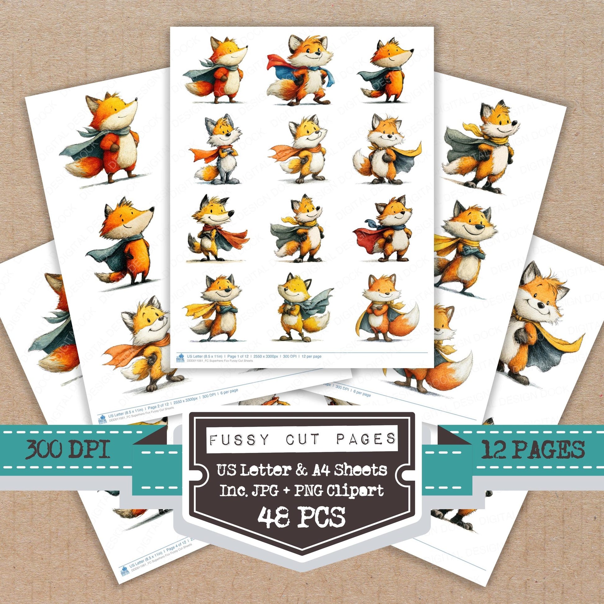 Superhero Fox fussy cut printable sheets for junk journaling, scrapbooking, and paper craft projects