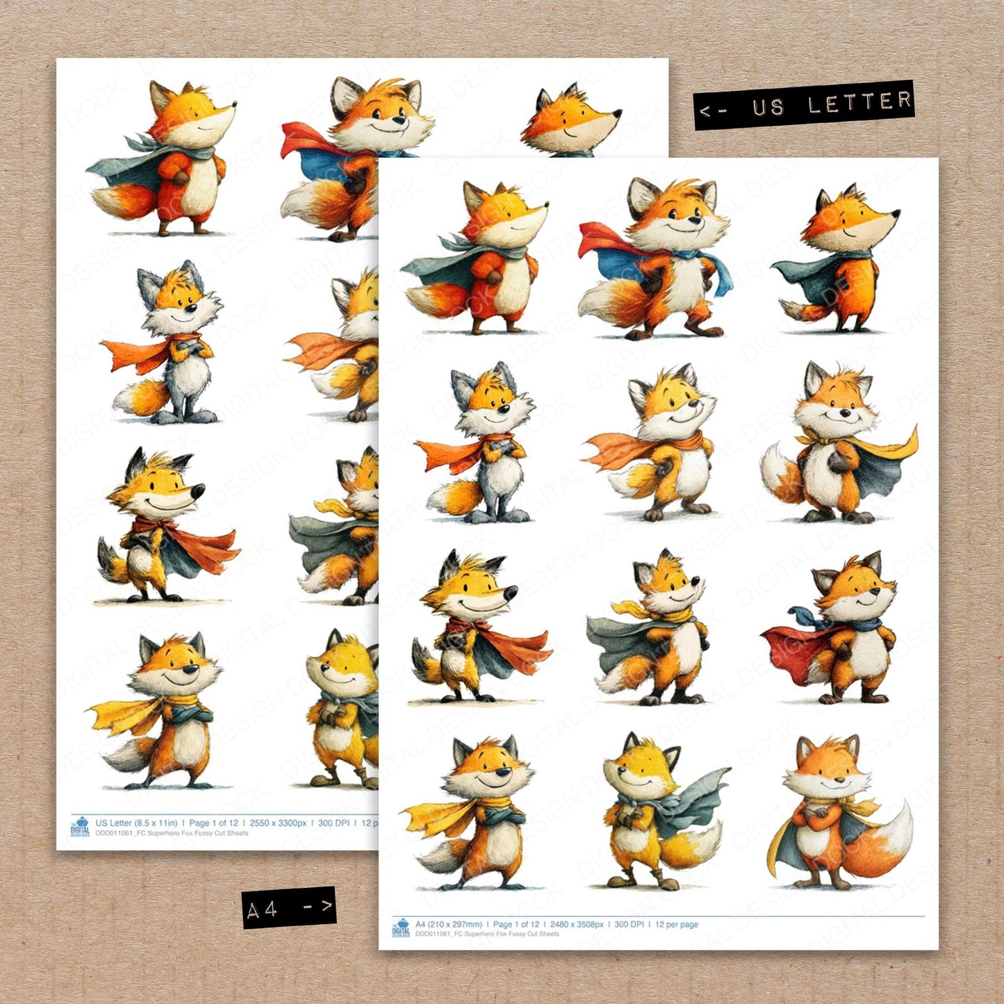 A4 and US Letter format comparison showing Superhero Fox fussy cut pages for print and cut crafting