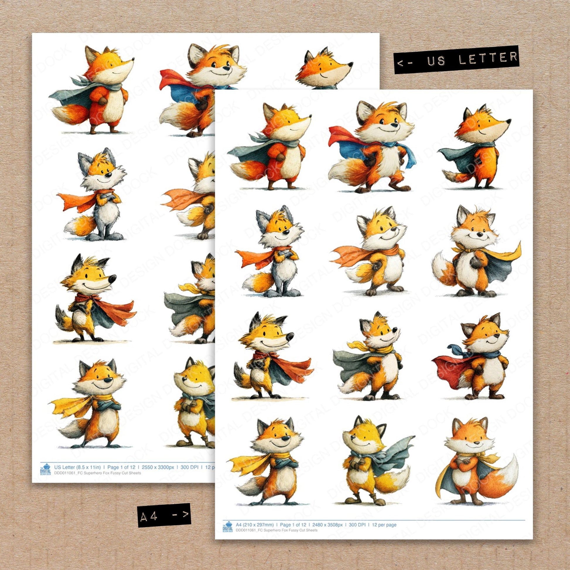 A4 and US Letter format comparison showing Superhero Fox fussy cut pages for print and cut crafting