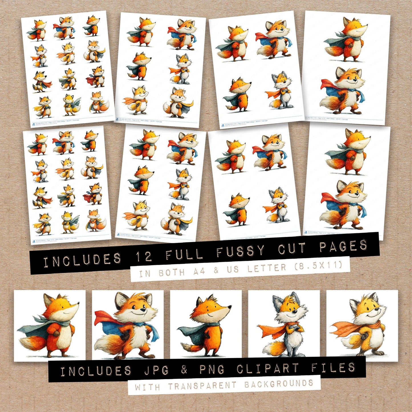 Full collection view of Superhero Fox fussy cut sheets with bonus clipart JPG and PNG files
