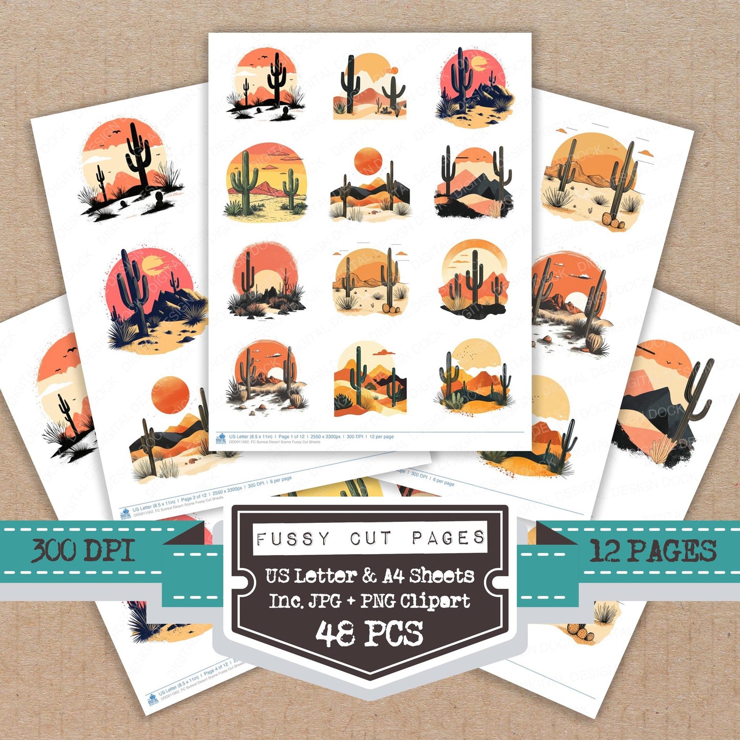 Surreal Desert Scene fussy cut printable sheets for junk journaling, scrapbooking, and paper craft projects