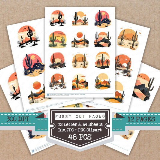Surreal Desert Scene fussy cut printable sheets for junk journaling, scrapbooking, and paper craft projects