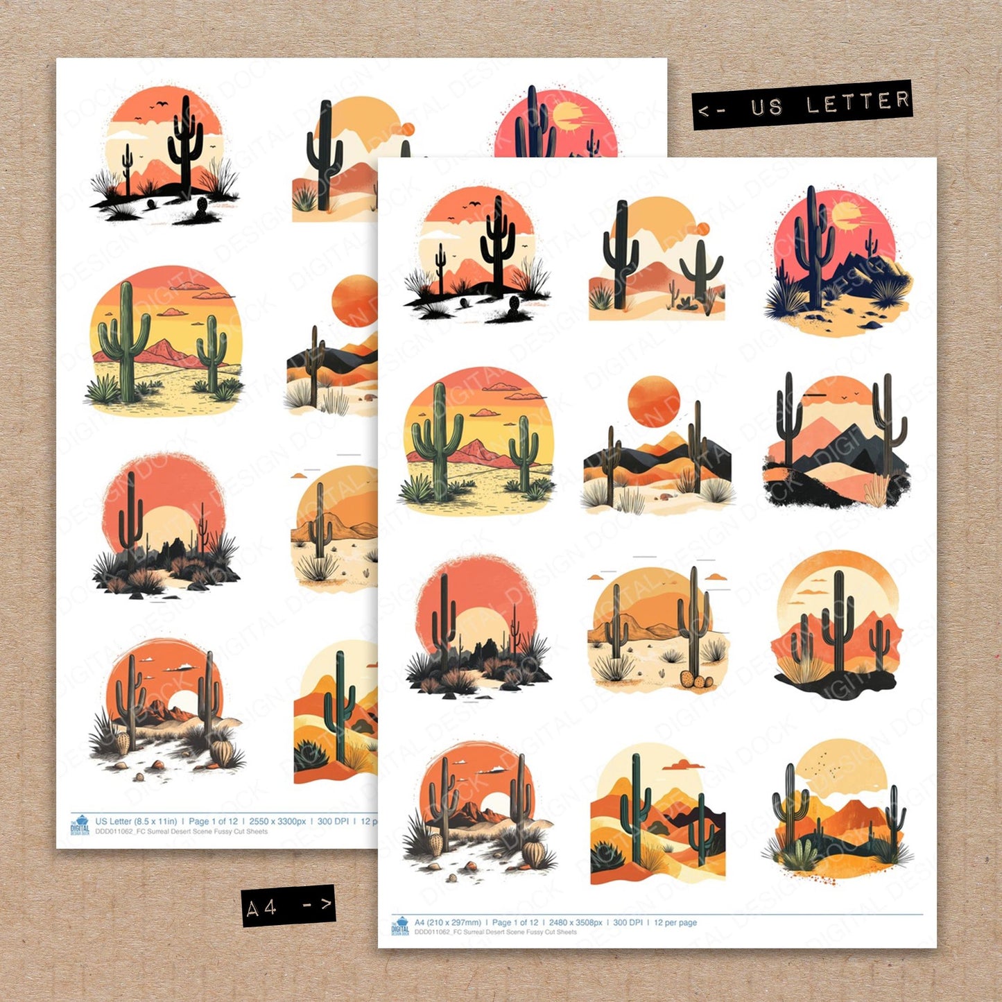 A4 and US Letter format comparison showing Surreal Desert Scene fussy cut pages for print and cut crafting
