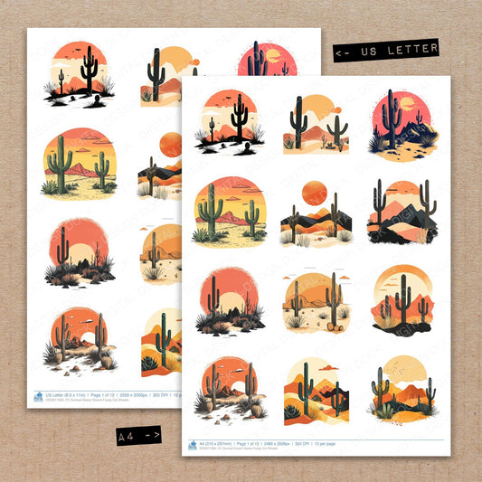 A4 and US Letter format comparison showing Surreal Desert Scene fussy cut pages for print and cut crafting