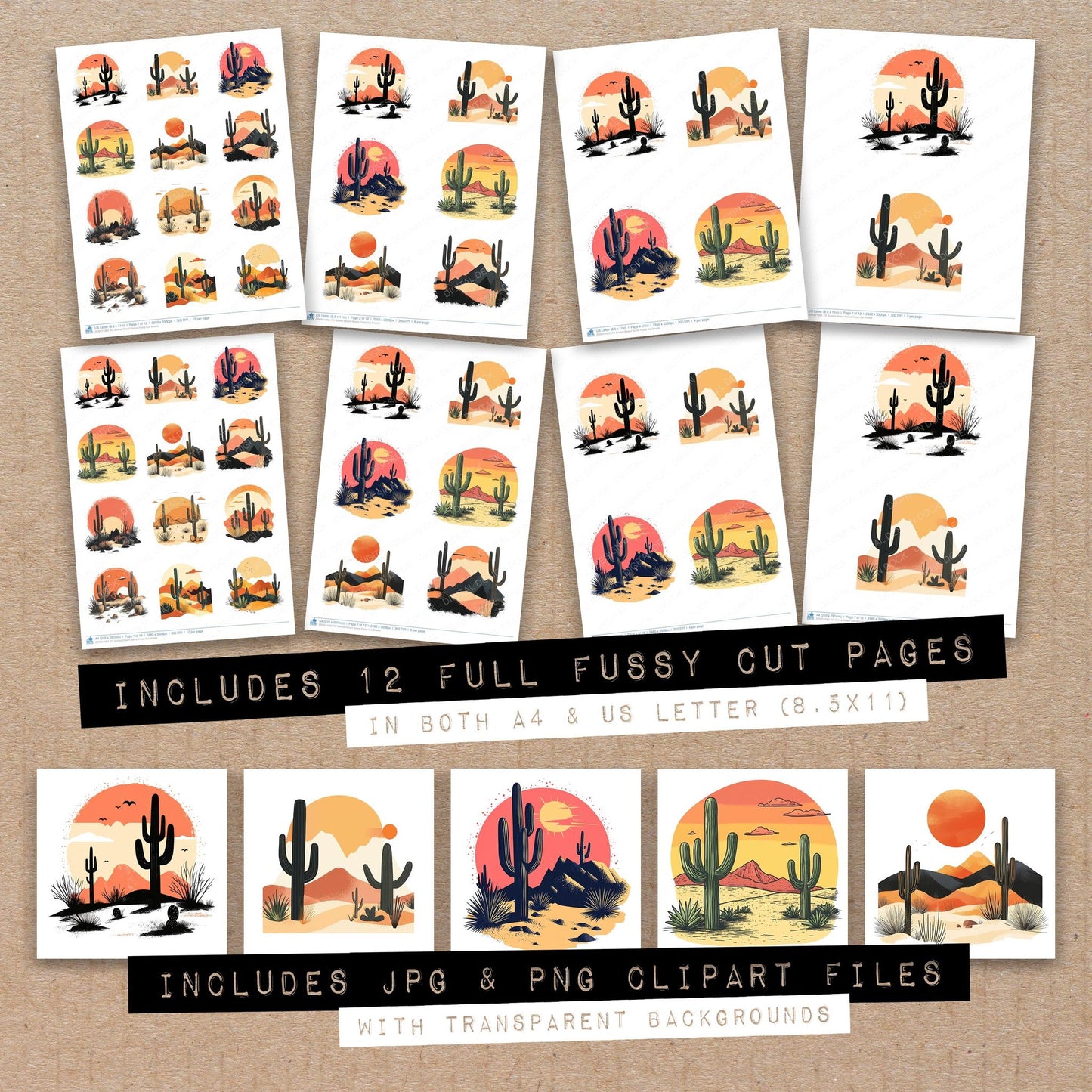 Full collection view of Surreal Desert Scene fussy cut sheets with bonus clipart JPG and PNG files