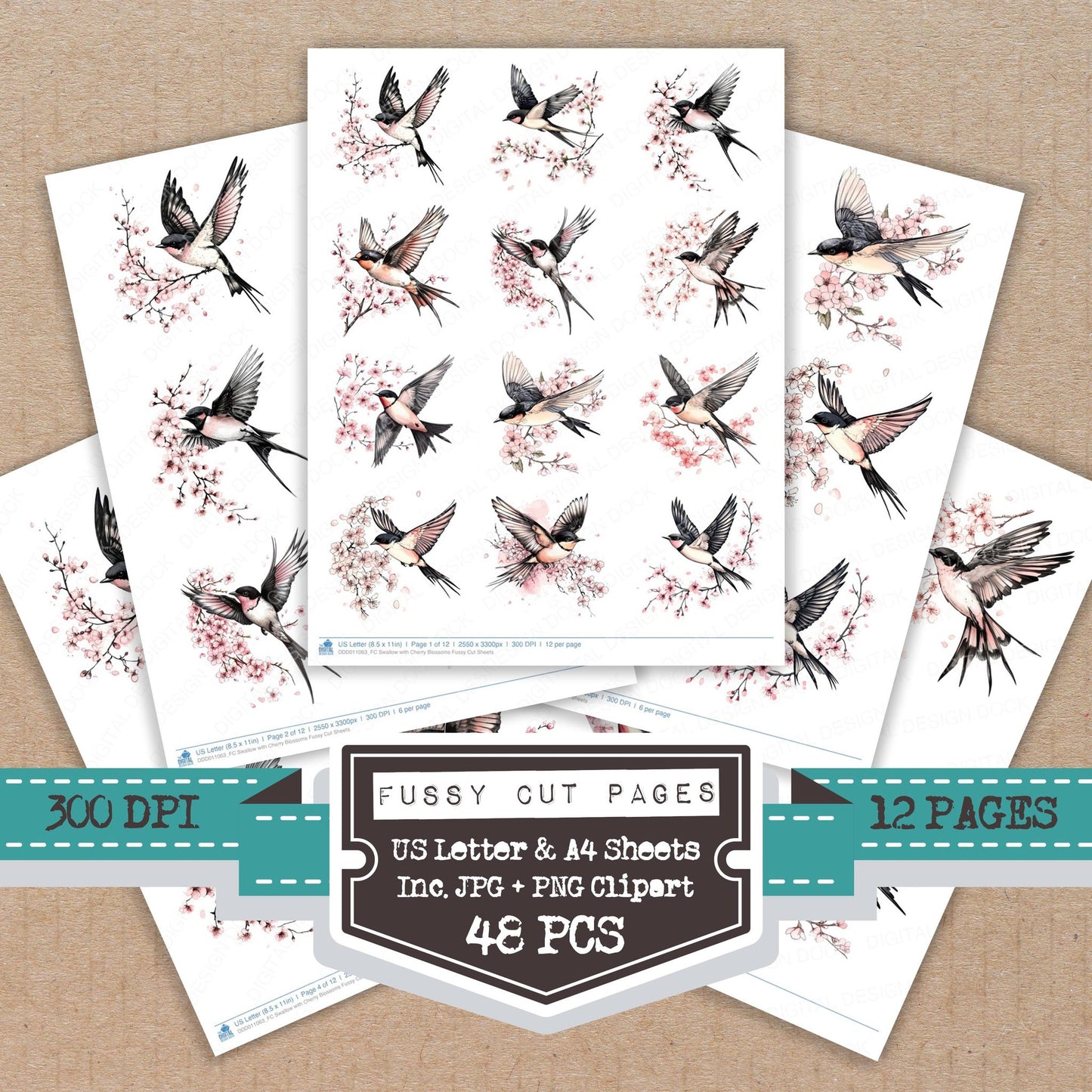 Swallow with Cherry Blossoms fussy cut printable sheets for junk journaling, scrapbooking, and paper craft projects