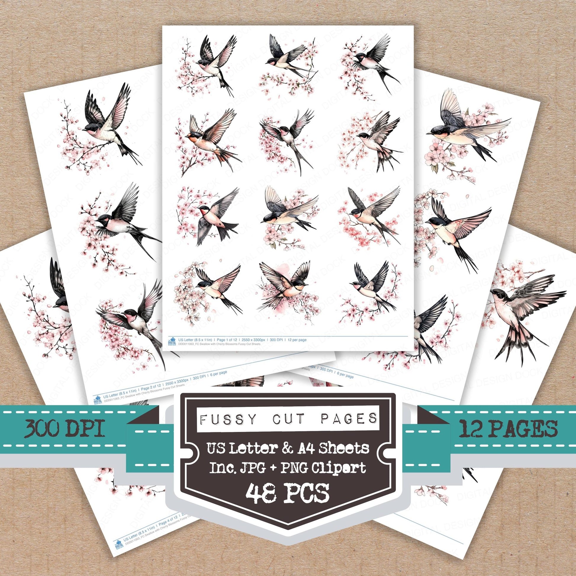 Swallow with Cherry Blossoms fussy cut printable sheets for junk journaling, scrapbooking, and paper craft projects