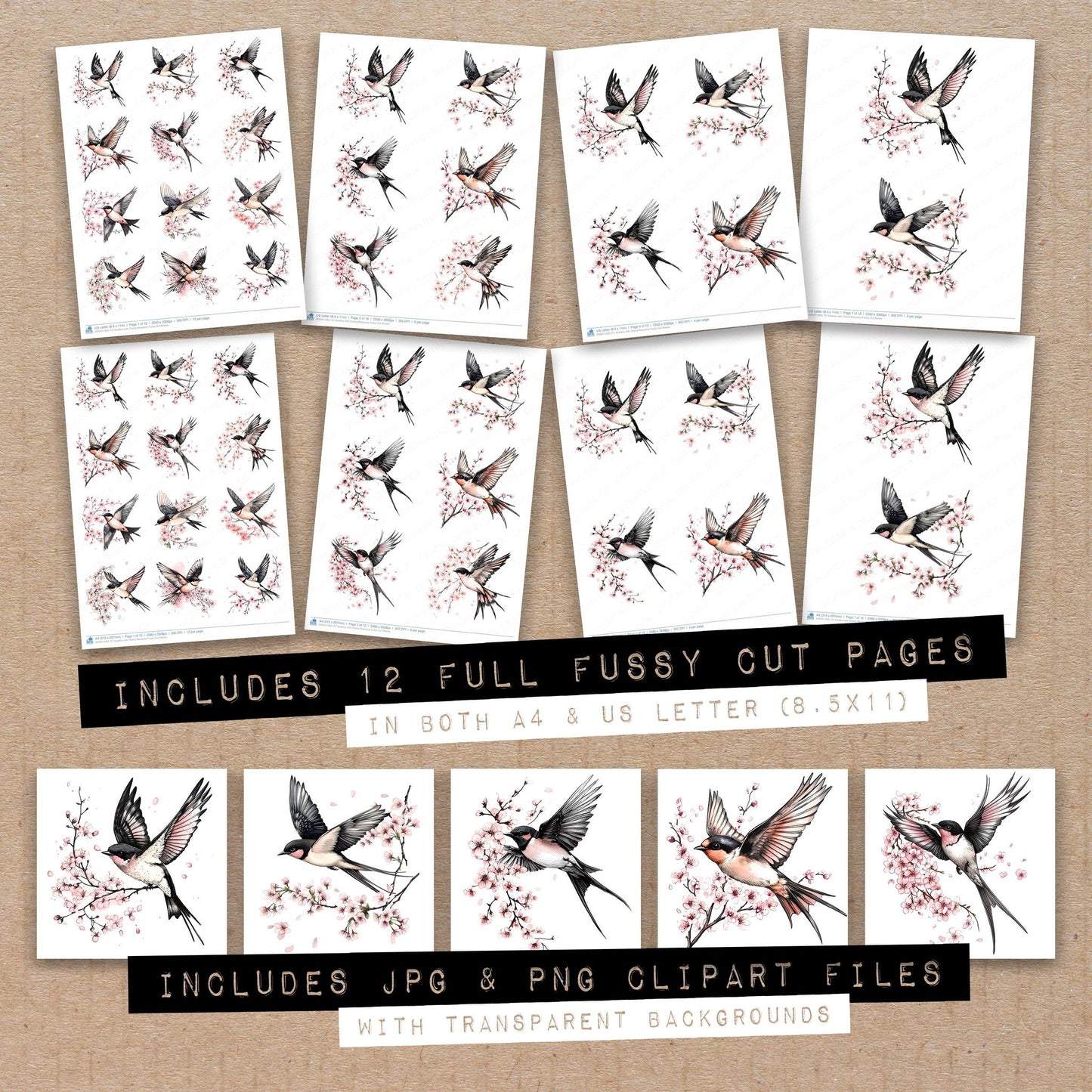 Full collection view of Swallow with Cherry Blossoms fussy cut sheets with bonus clipart JPG and PNG files