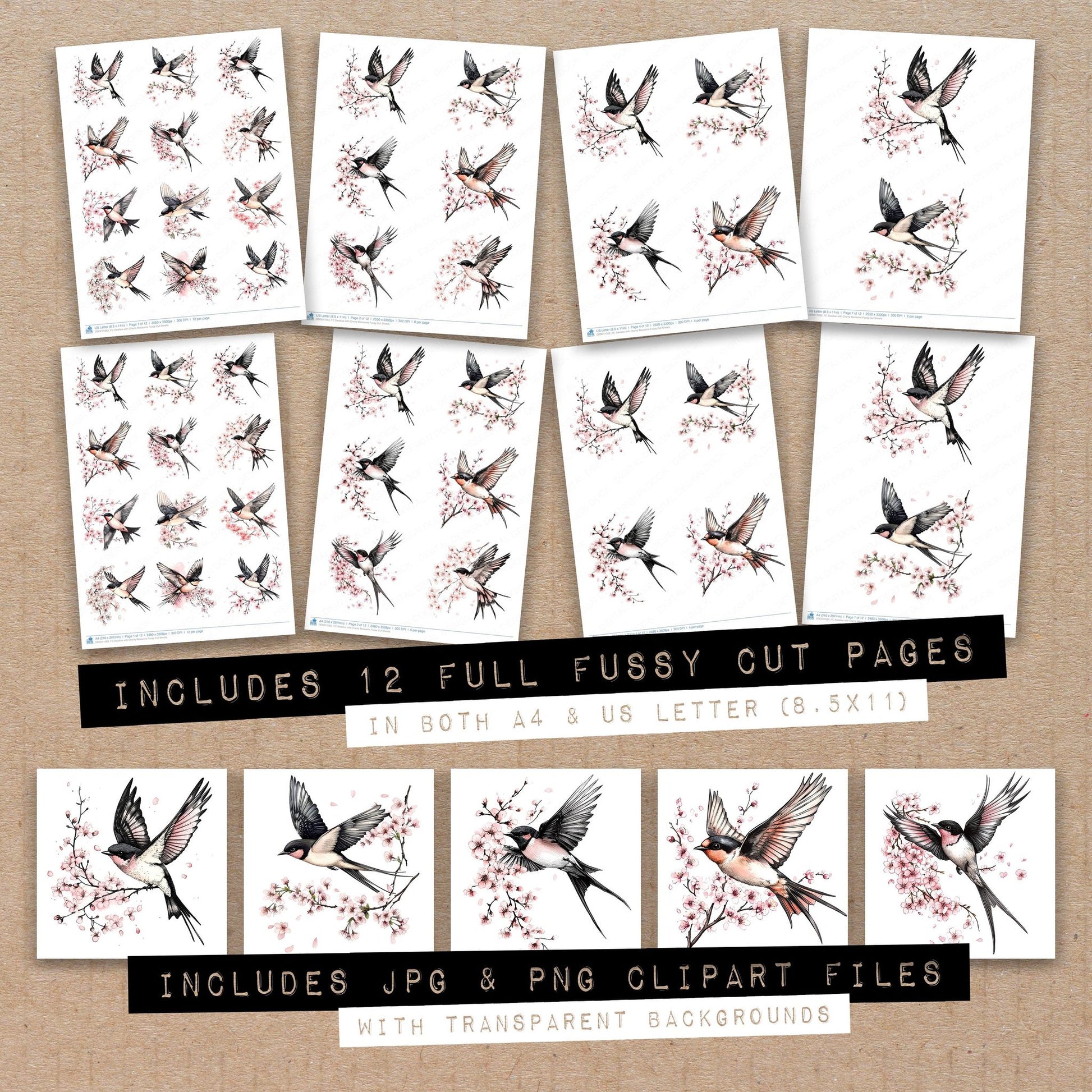 Full collection view of Swallow with Cherry Blossoms fussy cut sheets with bonus clipart JPG and PNG files