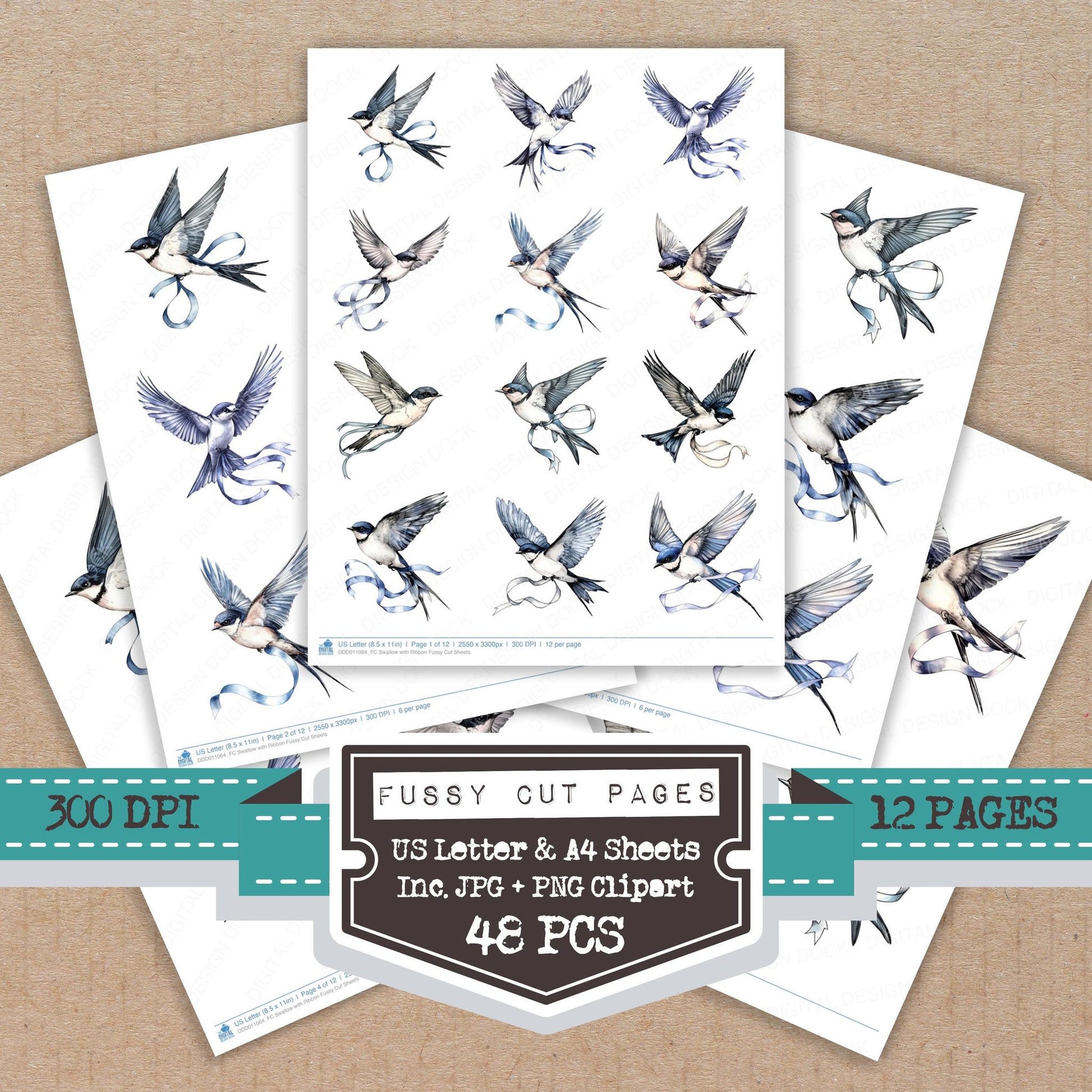 Swallow with Ribbon fussy cut printable sheets for junk journaling, scrapbooking, and paper craft projects