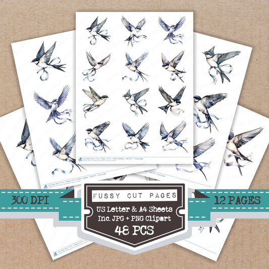 Swallow with Ribbon fussy cut printable sheets for junk journaling, scrapbooking, and paper craft projects