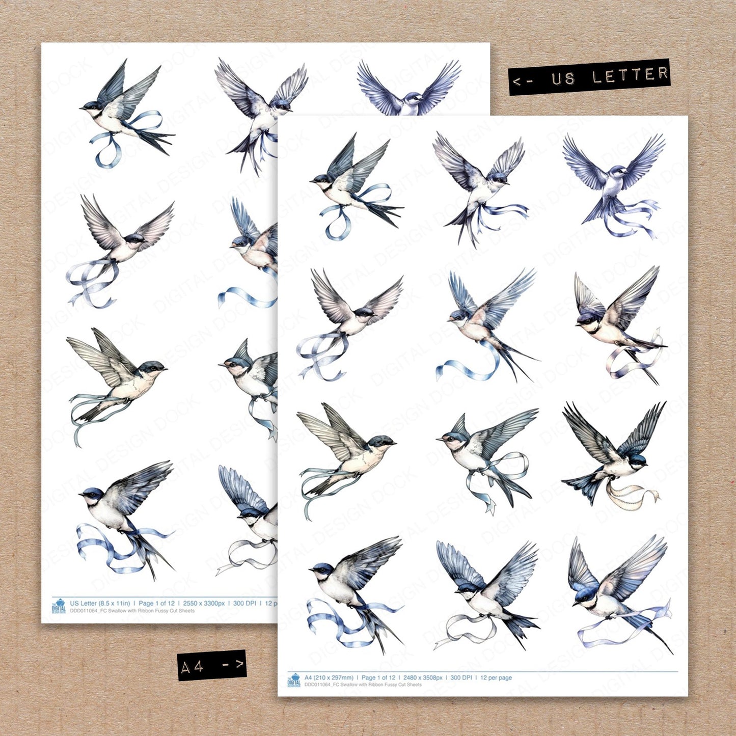 A4 and US Letter format comparison showing Swallow with Ribbon fussy cut pages for print and cut crafting