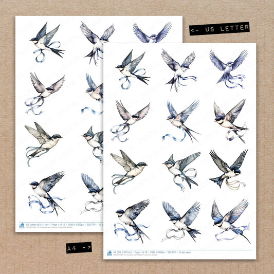 A4 and US Letter format comparison showing Swallow with Ribbon fussy cut pages for print and cut crafting