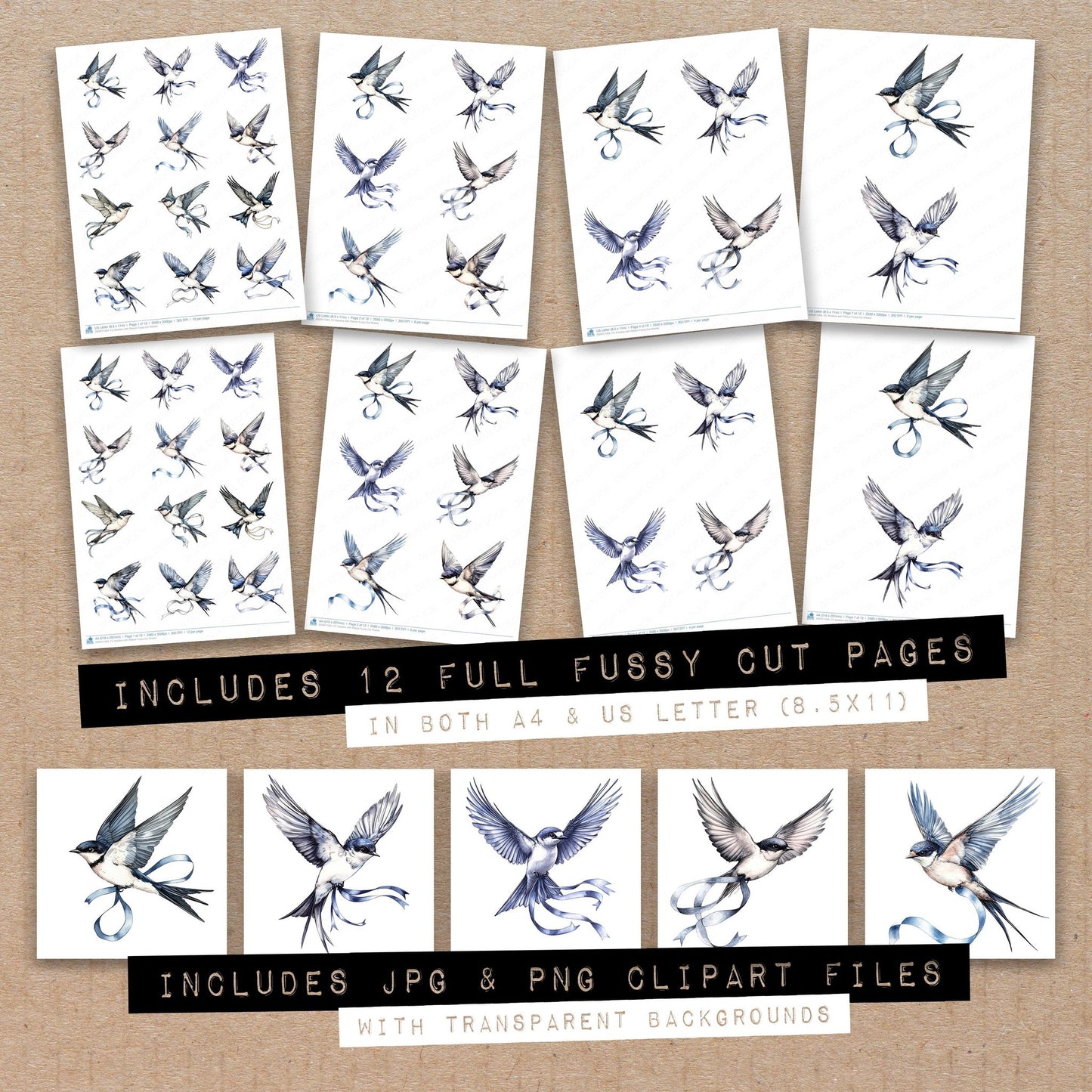 Full collection view of Swallow with Ribbon fussy cut sheets with bonus clipart JPG and PNG files