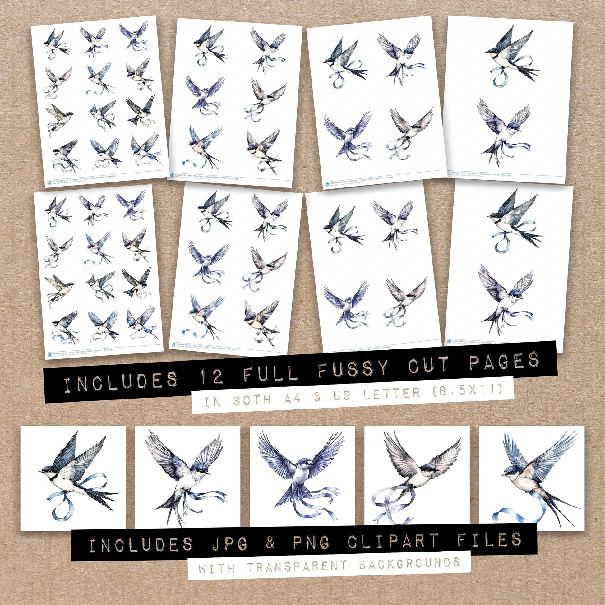 Full collection view of Swallow with Ribbon fussy cut sheets with bonus clipart JPG and PNG files