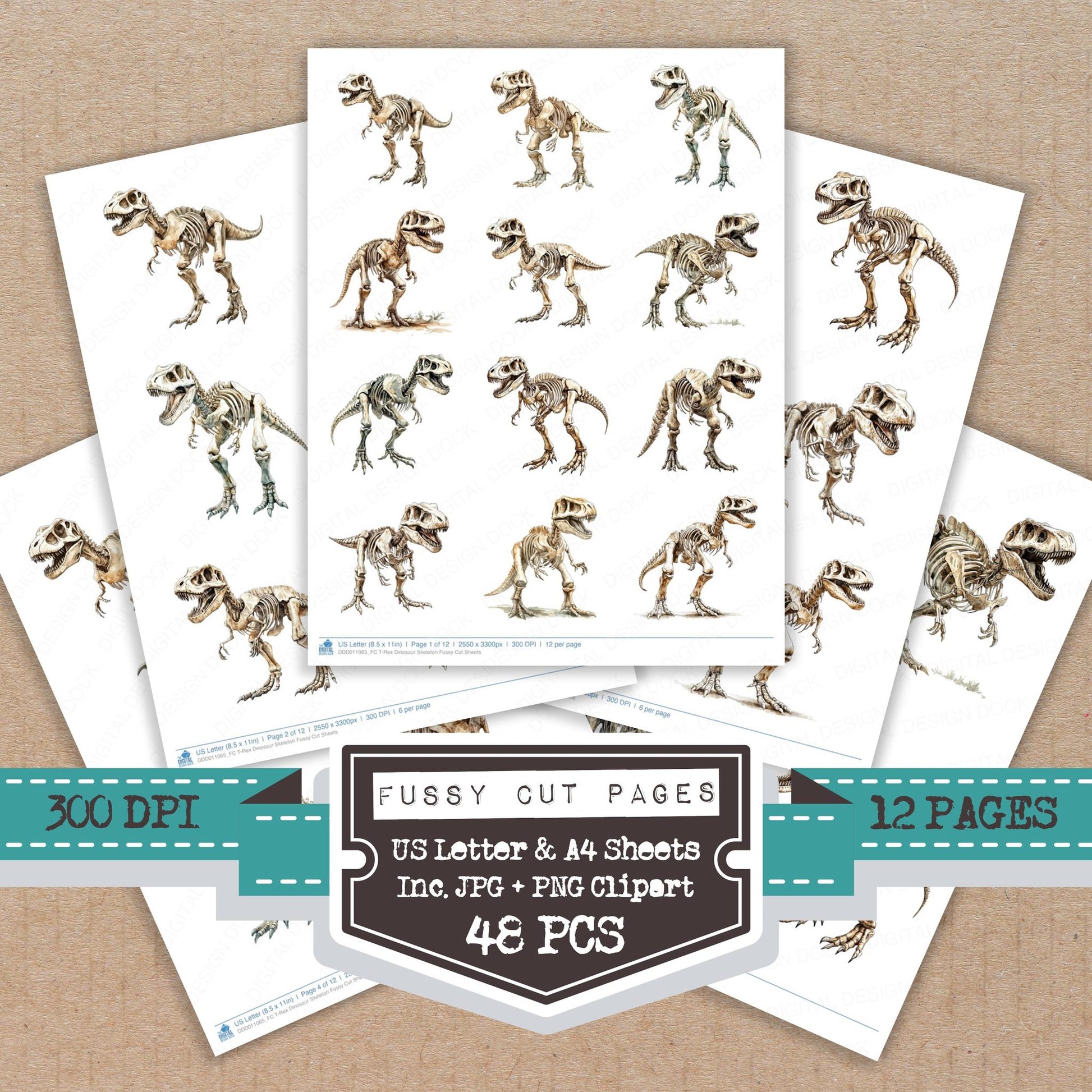 T-Rex Dinosaur Skeleton fussy cut printable sheets for junk journaling, scrapbooking, and paper craft projects