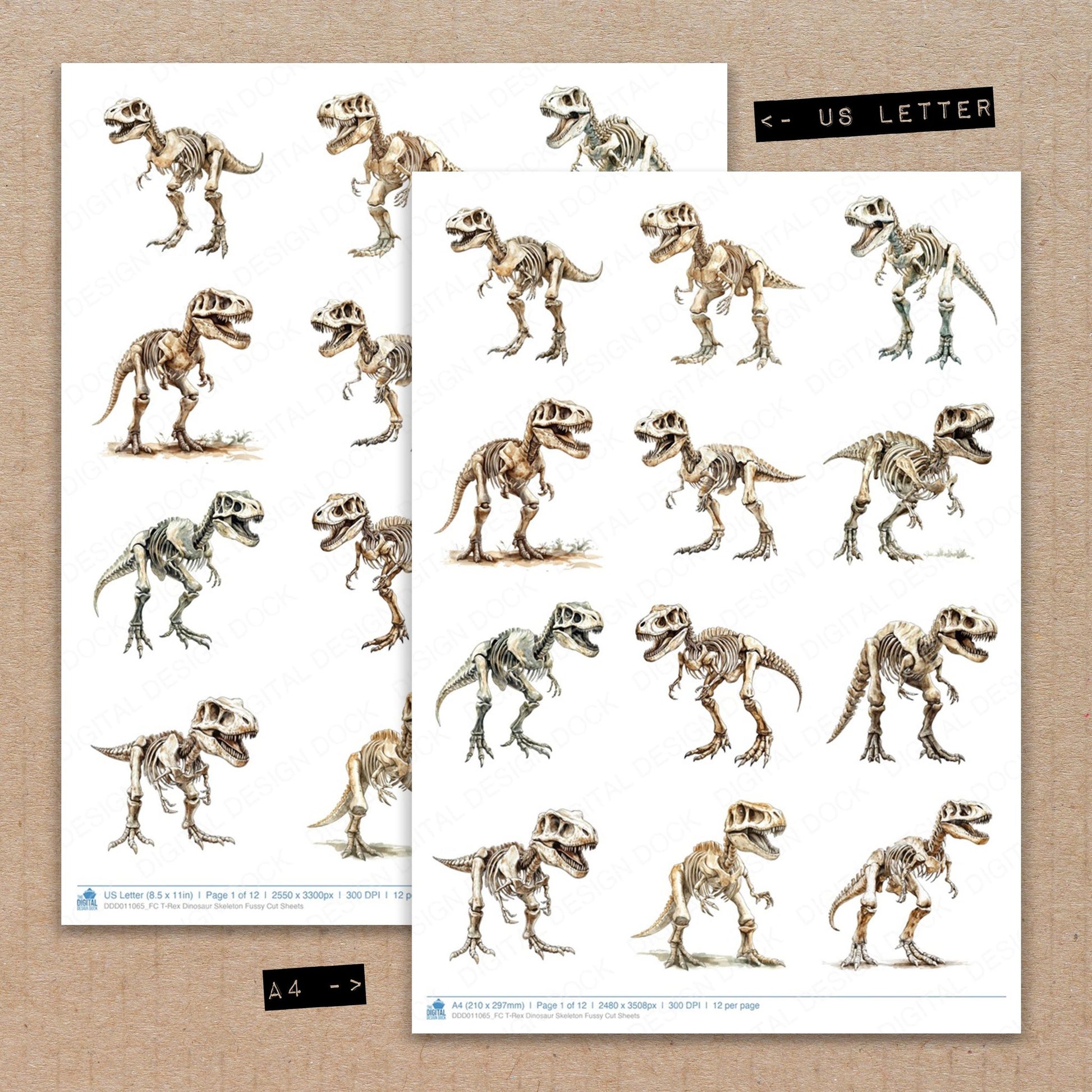 A4 and US Letter format comparison showing T-Rex Dinosaur Skeleton fussy cut pages for print and cut crafting