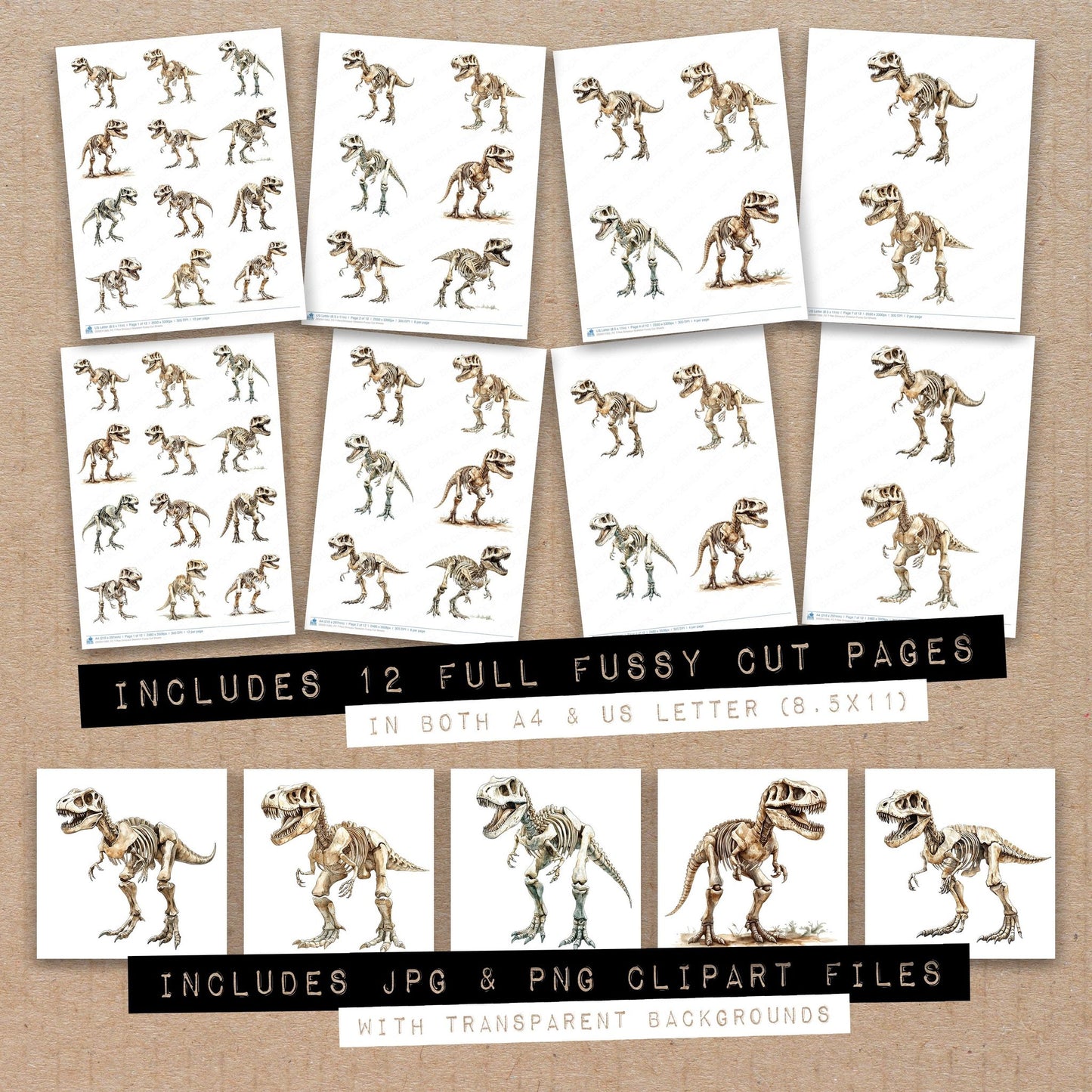 Full collection view of T-Rex Dinosaur Skeleton fussy cut sheets with bonus clipart JPG and PNG files