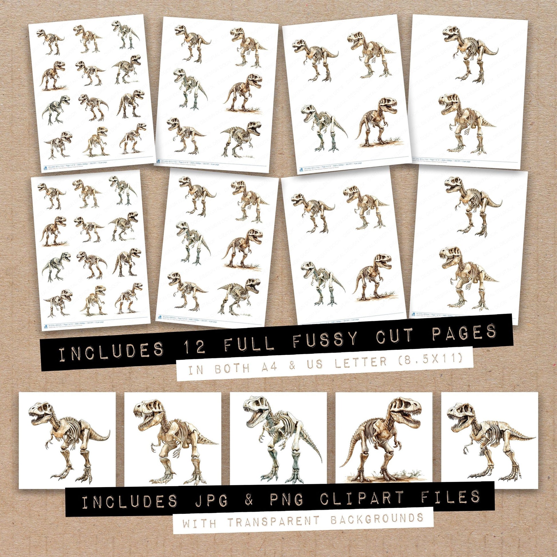 Full collection view of T-Rex Dinosaur Skeleton fussy cut sheets with bonus clipart JPG and PNG files