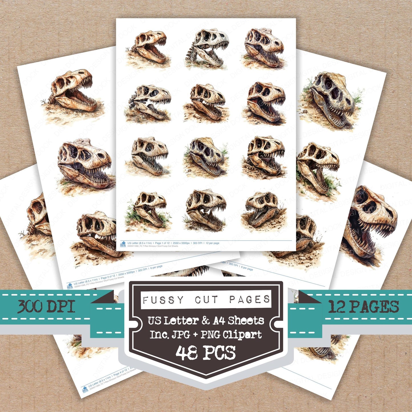 T-Rex Dinosaur Skull fussy cut printable sheets for junk journaling, scrapbooking, and paper craft projects