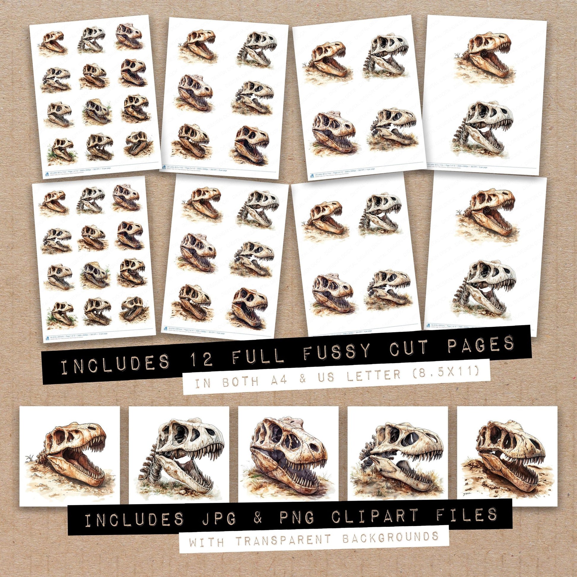 Full collection view of T-Rex Dinosaur Skull fussy cut sheets with bonus clipart JPG and PNG files