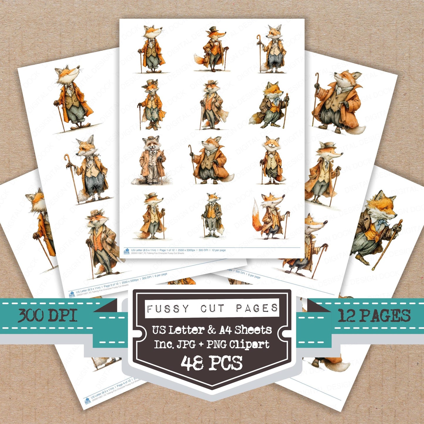 Talking Fox Character fussy cut printable sheets for junk journaling, scrapbooking, and paper craft projects