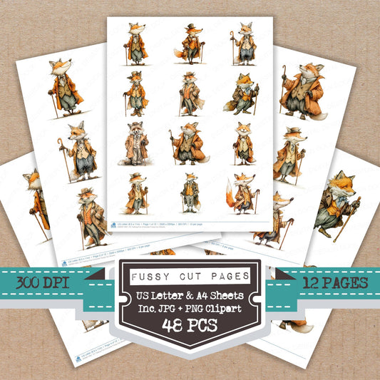Talking Fox Character fussy cut printable sheets for junk journaling, scrapbooking, and paper craft projects