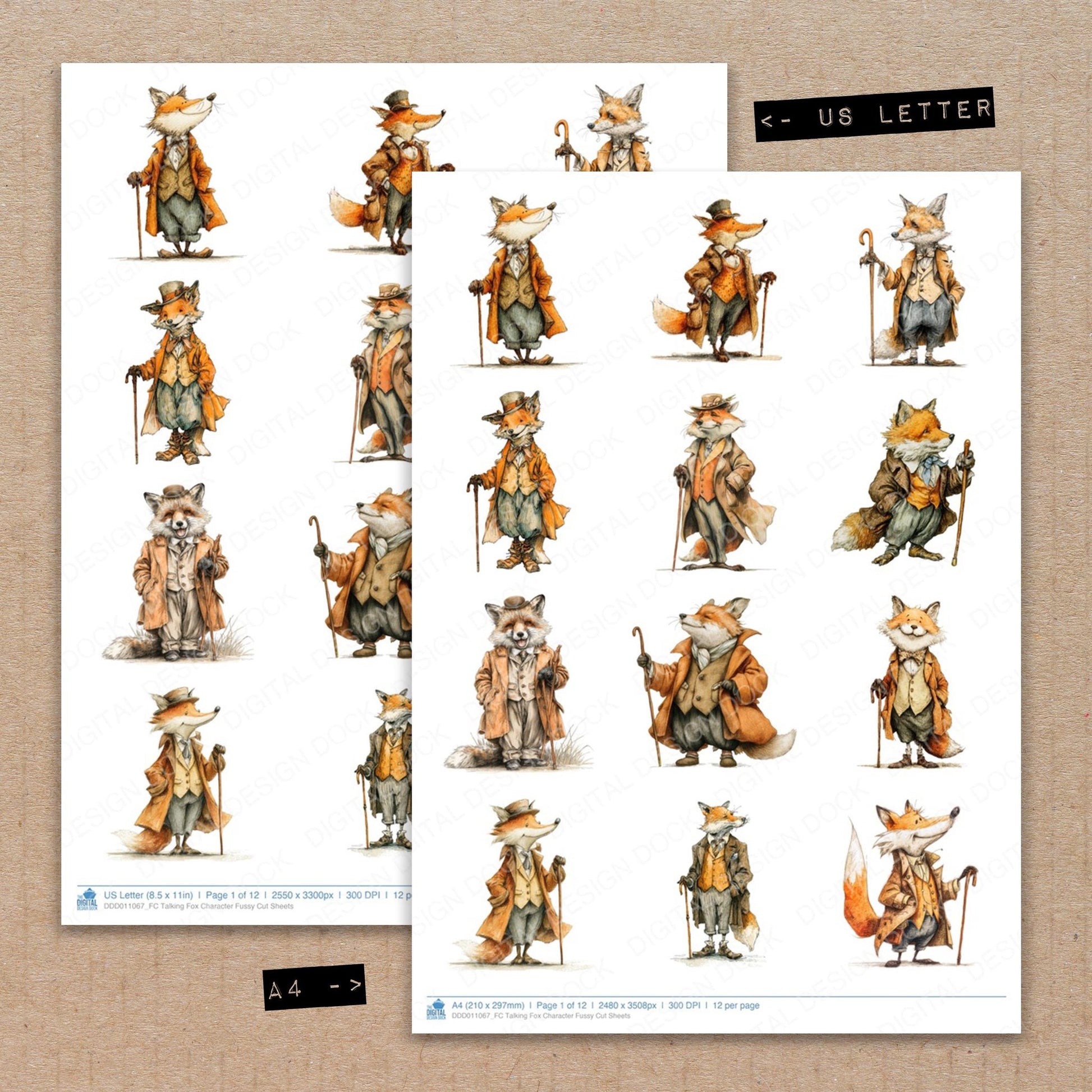 A4 and US Letter format comparison showing Talking Fox Character fussy cut pages for print and cut crafting