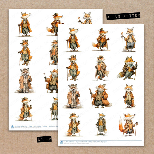 A4 and US Letter format comparison showing Talking Fox Character fussy cut pages for print and cut crafting