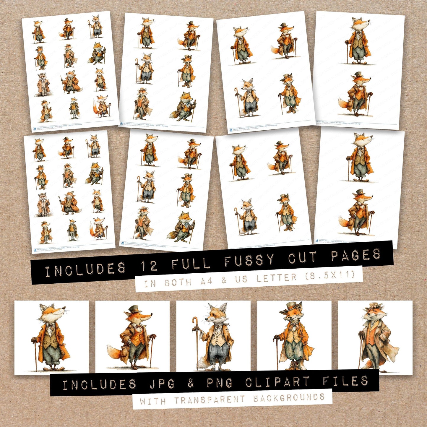 Full collection view of Talking Fox Character fussy cut sheets with bonus clipart JPG and PNG files