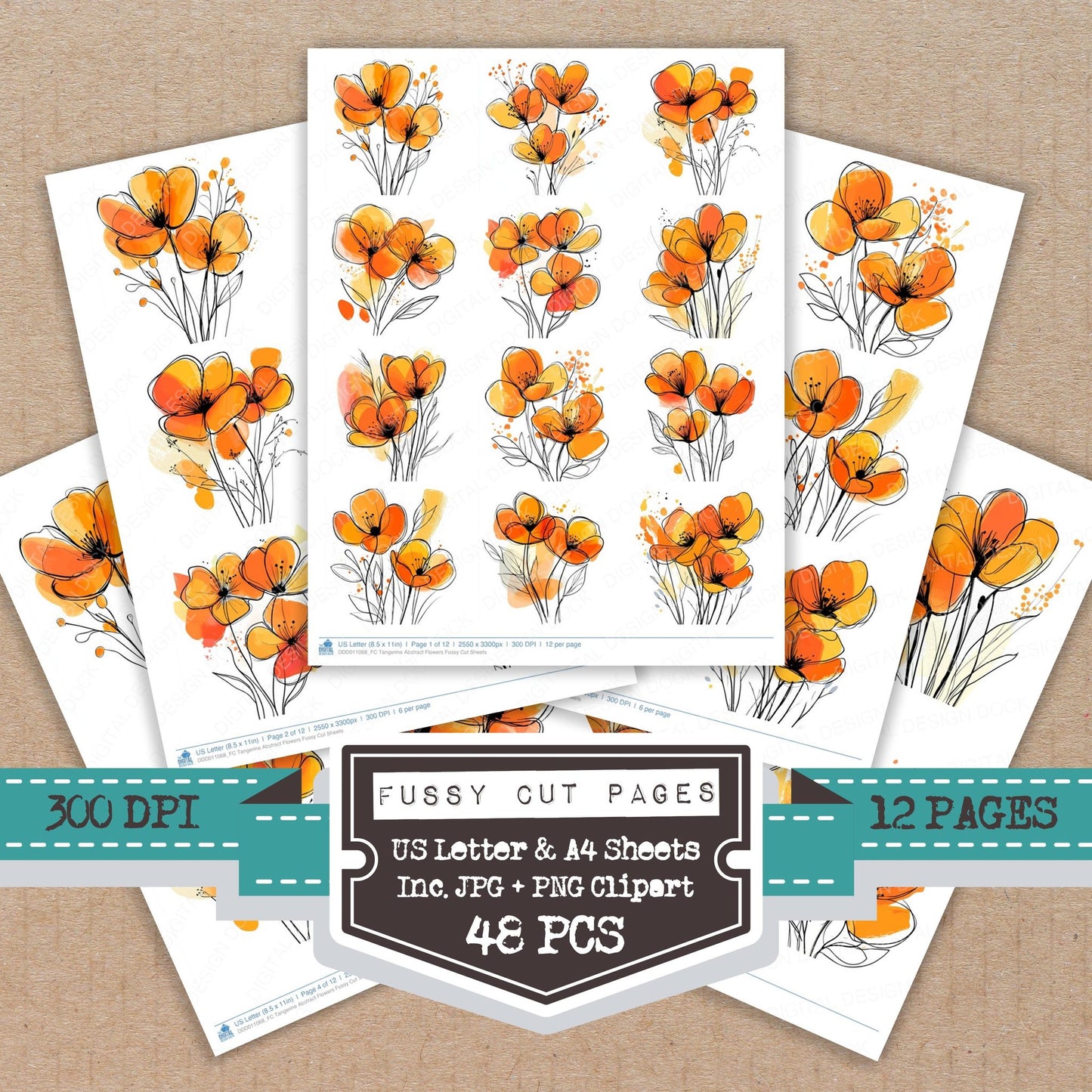 Tangerine Abstract Flowers fussy cut printable sheets for junk journaling, scrapbooking, and paper craft projects
