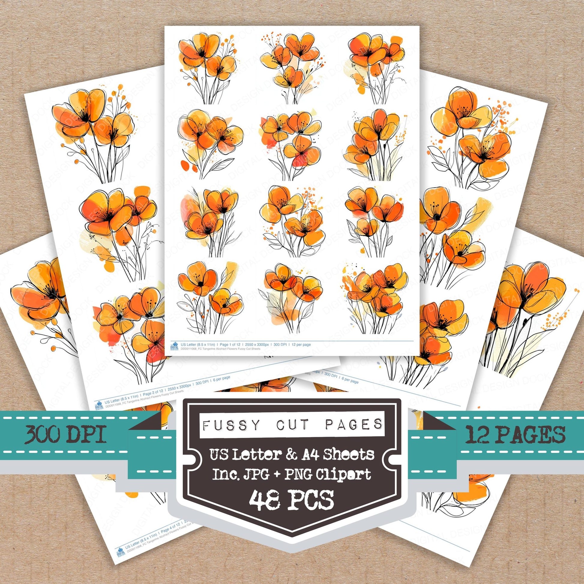 Tangerine Abstract Flowers fussy cut printable sheets for junk journaling, scrapbooking, and paper craft projects