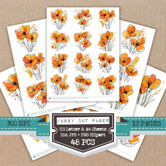 Tangerine Abstract Flowers fussy cut printable sheets for junk journaling, scrapbooking, and paper craft projects