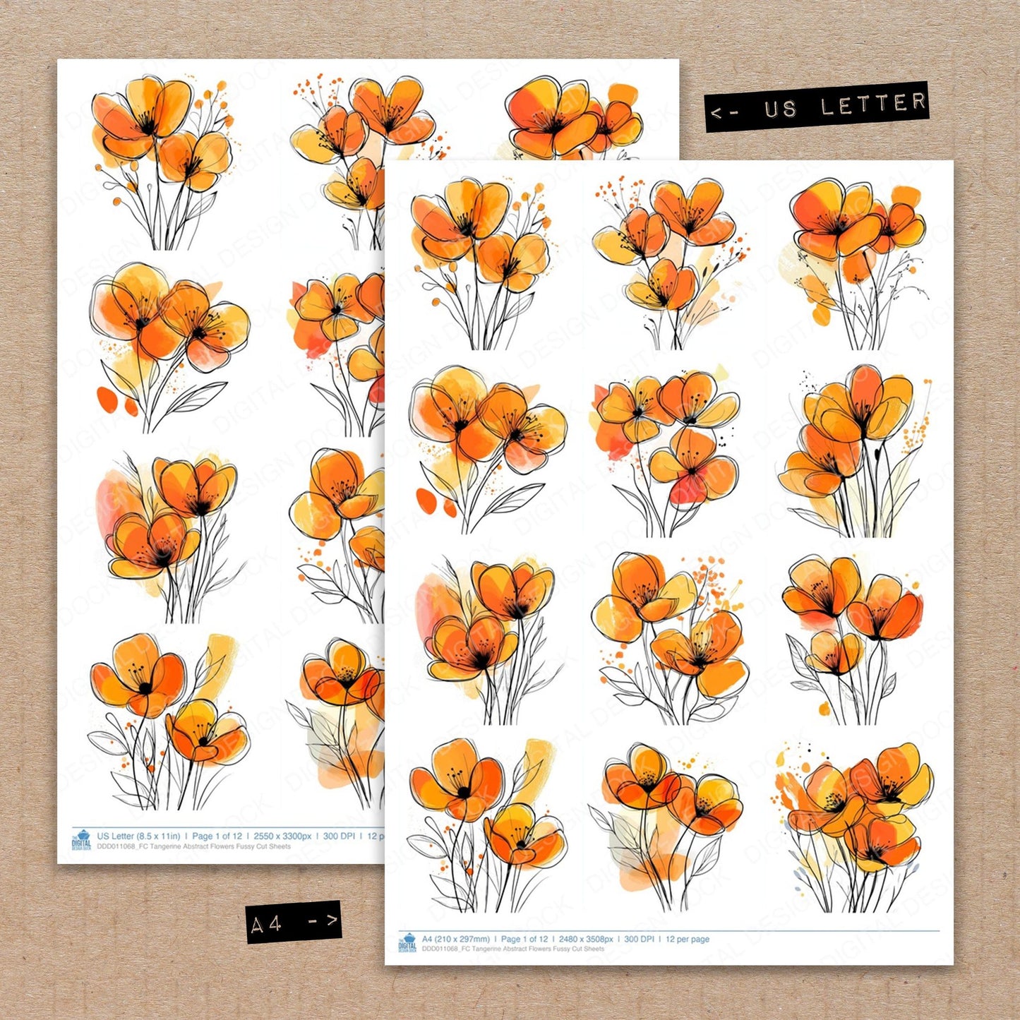 A4 and US Letter format comparison showing Tangerine Abstract Flowers fussy cut pages for print and cut crafting