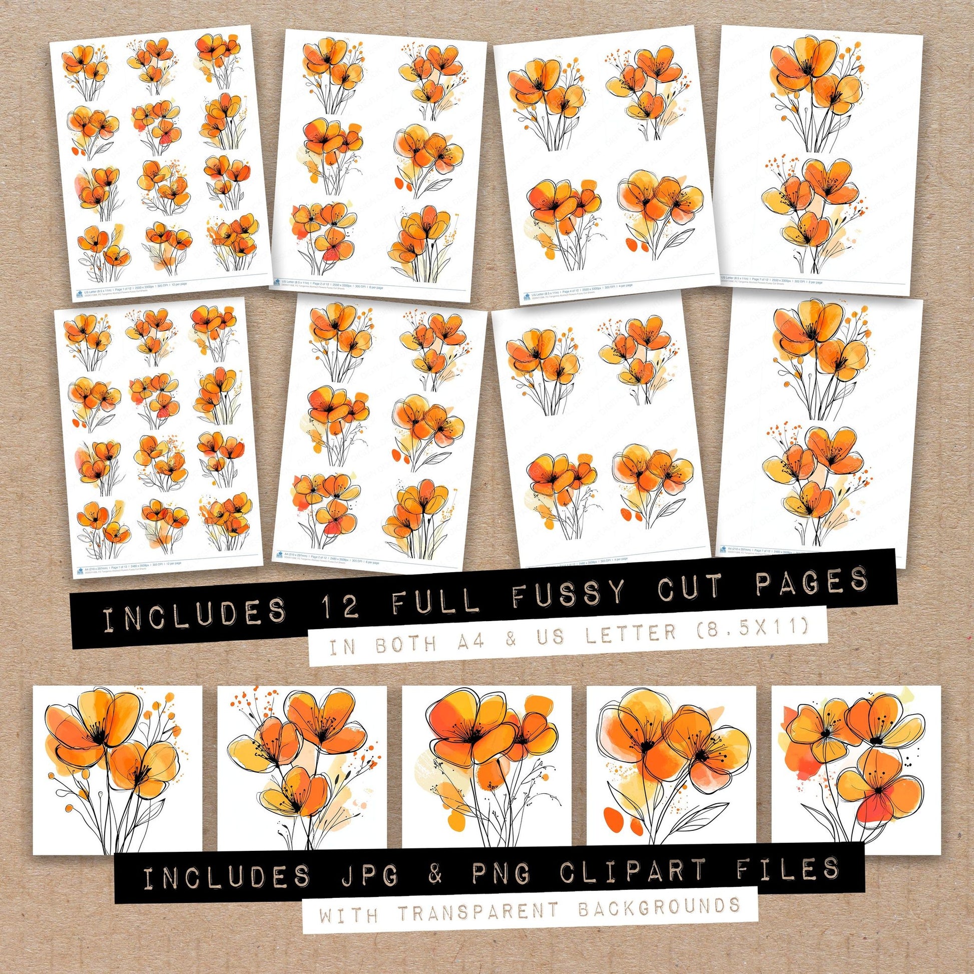 Full collection view of Tangerine Abstract Flowers fussy cut sheets with bonus clipart JPG and PNG files