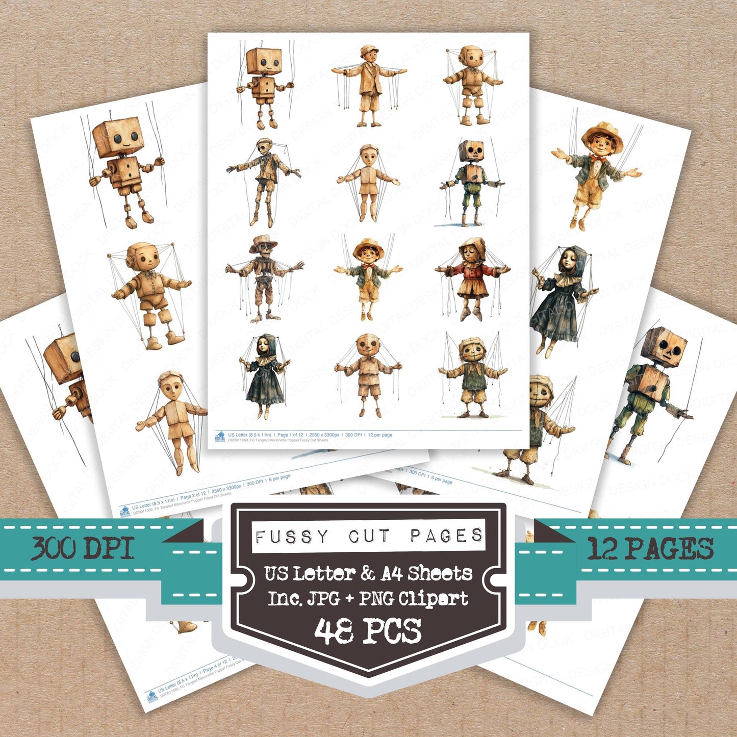 Tangled Marionette Puppet fussy cut printable sheets for junk journaling, scrapbooking, and paper craft projects