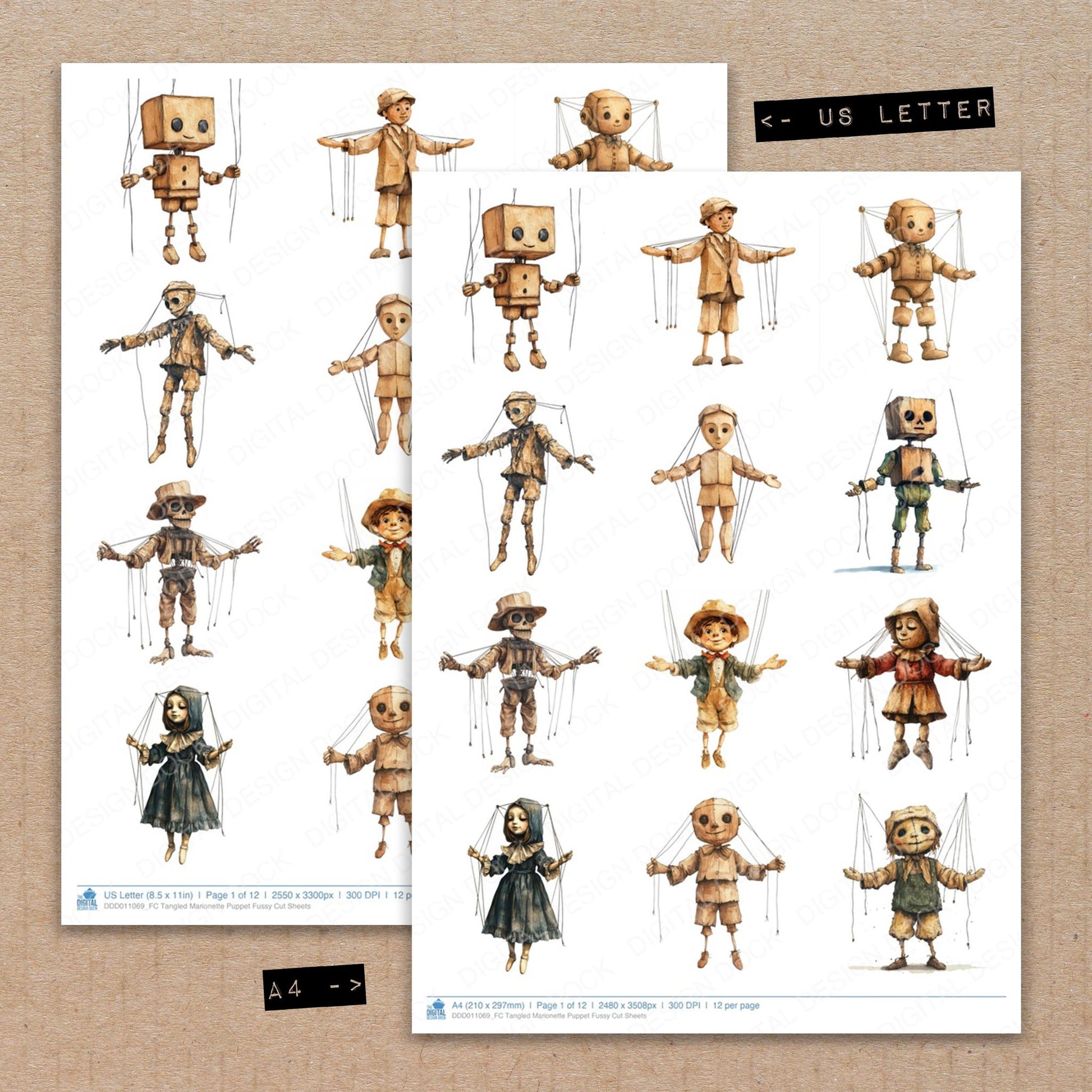 A4 and US Letter format comparison showing Tangled Marionette Puppet fussy cut pages for print and cut crafting