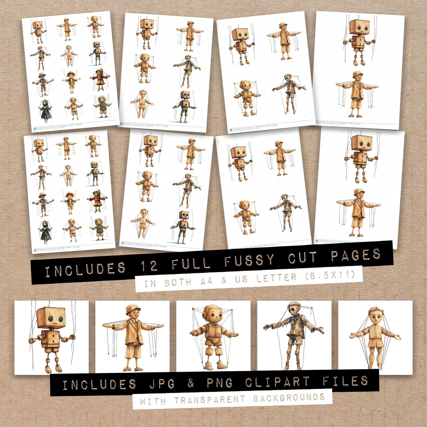 Full collection view of Tangled Marionette Puppet fussy cut sheets with bonus clipart JPG and PNG files